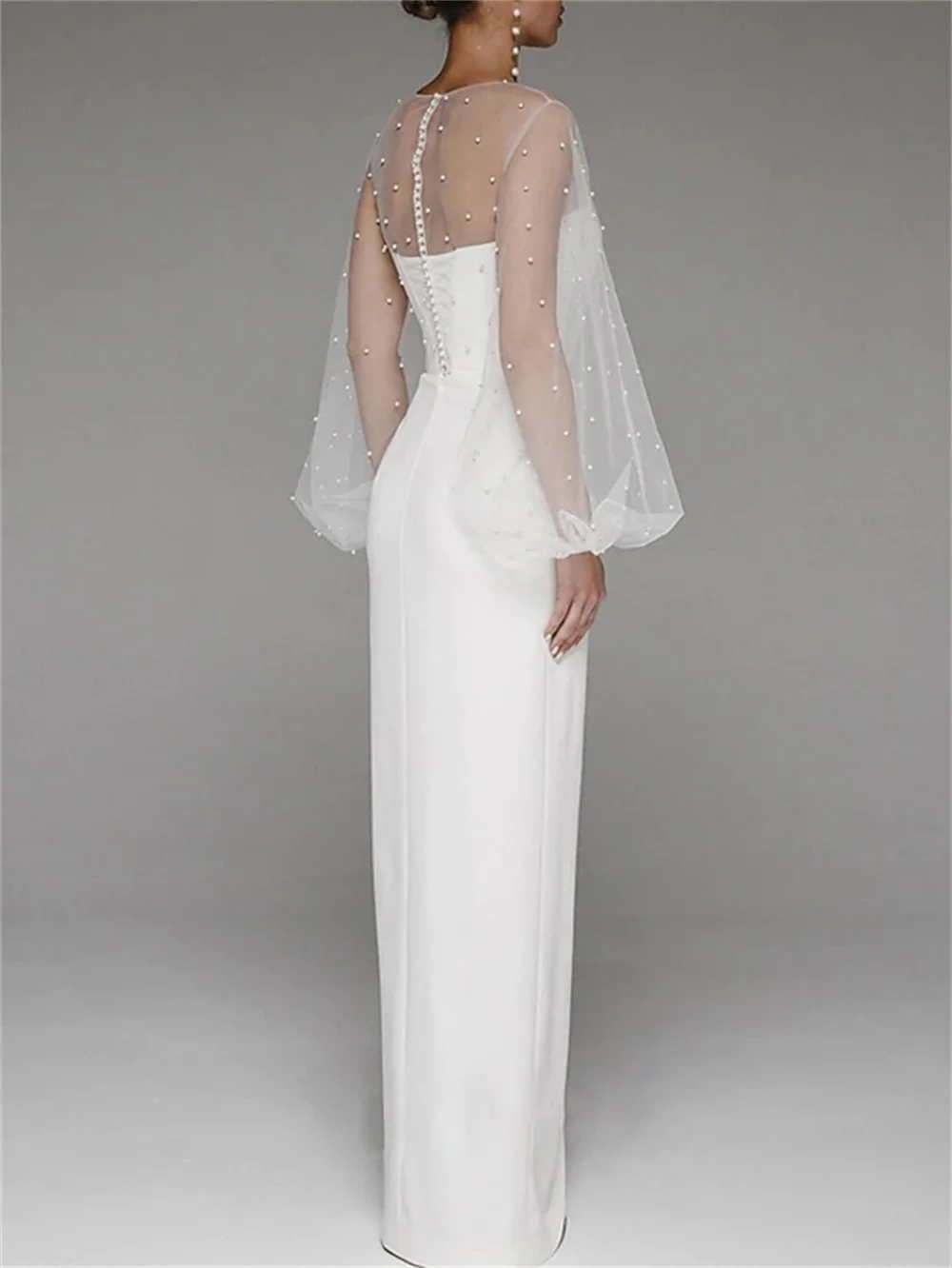 White Sheath Evening Dress Jewel Neck Floor Length Tulle Pearls Long Sleeve Romantic Women Prom Formal Party Gowns Robe De Soiree Vestidos De Feast
