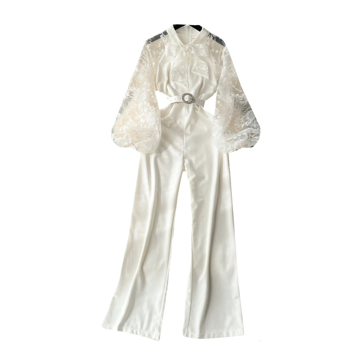 High Quality Black Lace Embroidery Bow Collar Slim Jumpsuit Women Autumn White Elegant Long Sleeve Wide Leg Bodysuit Pant French 240112