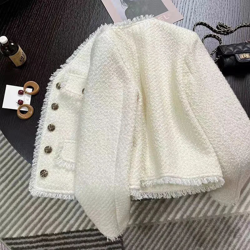 Lucyever French Style Tweed Jacket Coats Women Elegant VNeck Single Breasted Outerwear Woman Korean Fashion Black White Jackets 240112
