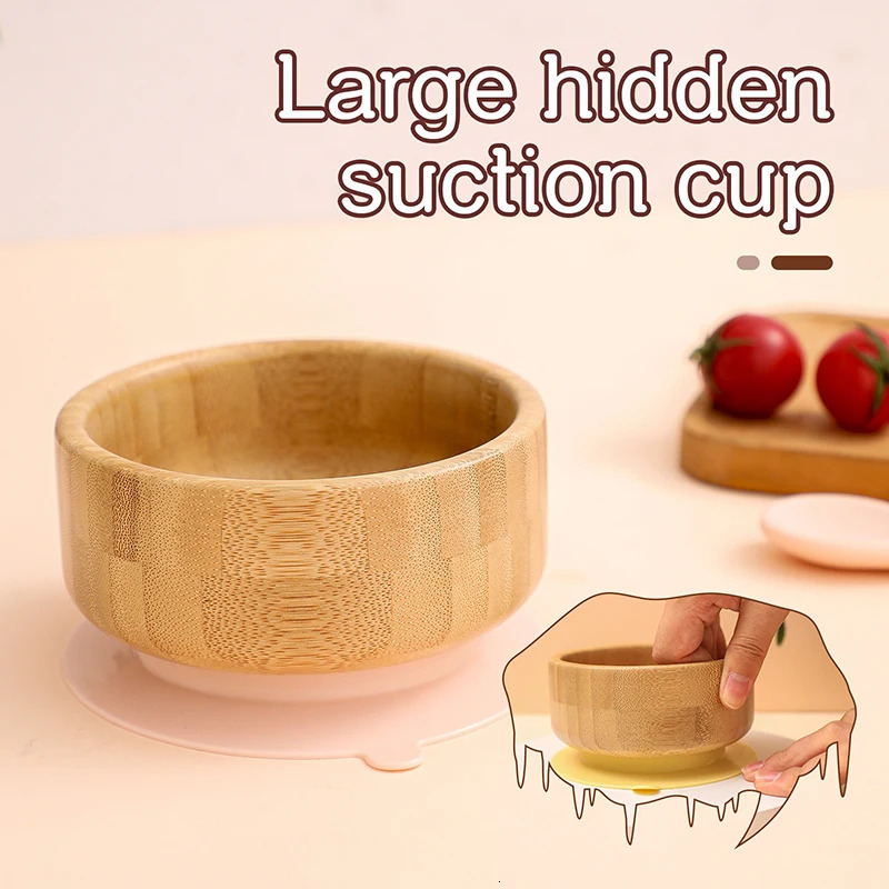 Let's Make Baby Feeding Tableware Set Natural Bamboo Bowl With Silicone Suction Cup A Free Spoon Antiscalding Kids 240111