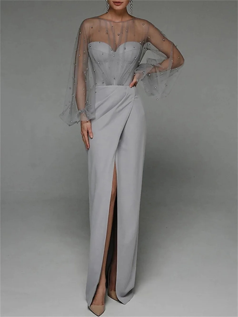 White Sheath Evening Dress Jewel Neck Floor Length Tulle Pearls Long Sleeve Romantic Women Prom Formal Party Gowns Robe De Soiree Vestidos De Feast