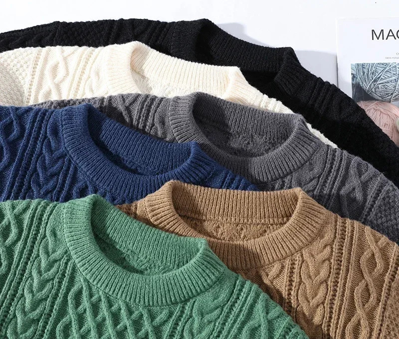 Winter Men Vintage Twist Sweater Round Neck Solid Color Male Fit Knitted Pullover Loose Harajuku Mens Retro Sweaters Multicolors 240112