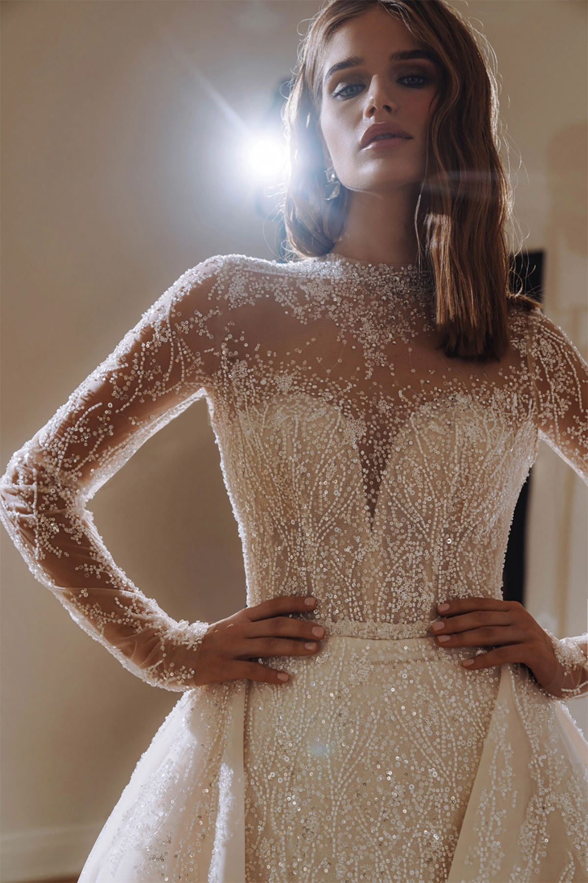 Graceful Sequined Mermaid Wedding Dresses High Collar Bridal Gowns Detachable Train Illusion Long Sleeves Bride Dresses Custom Made