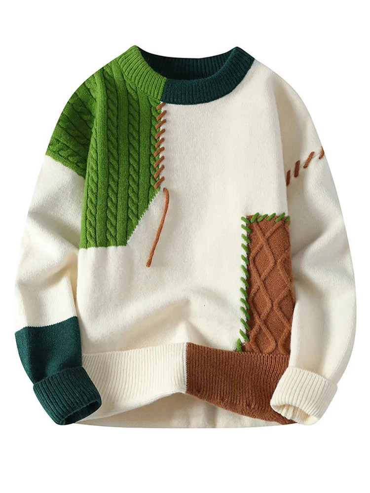 Man Panelled Contrast O-neck Sweater Autumn Winter Vintage Loose Long Sleeves Knitted Pullover Fashion Casual Male Jumper 240111