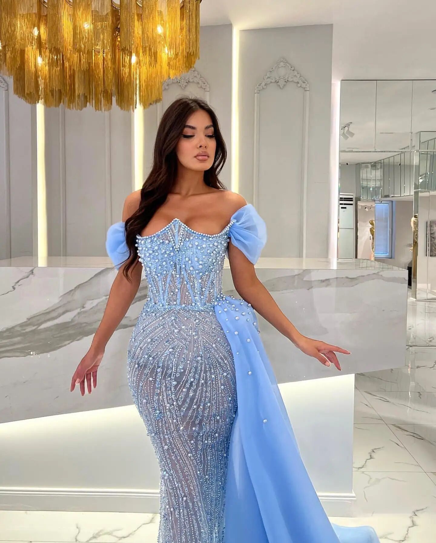 Luxury Pearls Mermaid Evening Dresses Off Shoulder Prom Detachable Train Sequined Beaded Formal Party Dress for Special Occasion