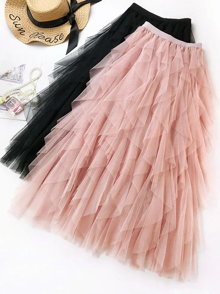 Fashion Tutu Tulle Skirt Women Long Maxi Spring Summer Korean Black Pink High Waist Pleated Female 240112