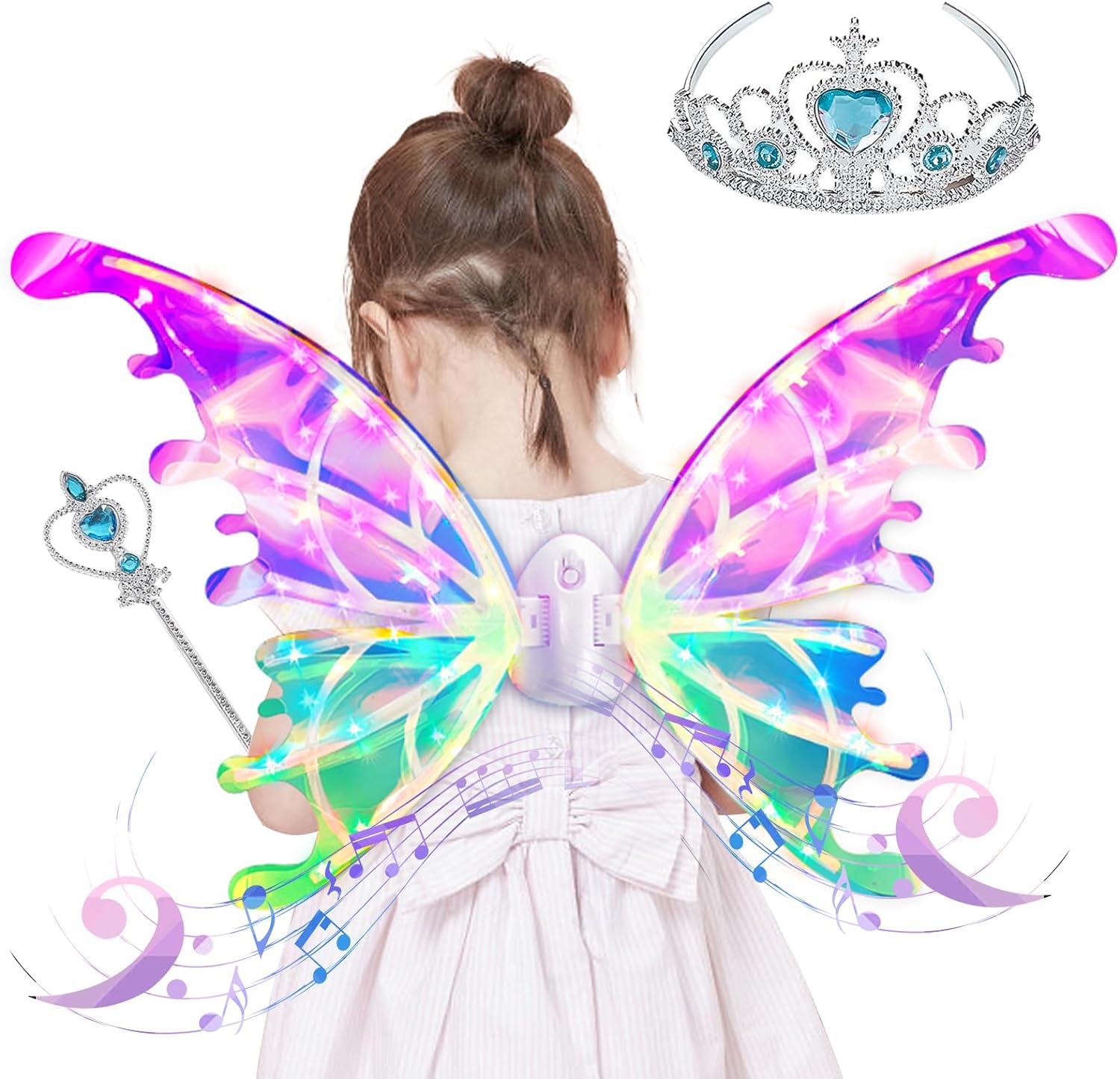 Electric Fairy Wings with LED Lights,Pets Glowing Elf Angel Wings with Magic Wand Princess Crown for Kids Pets Costumes