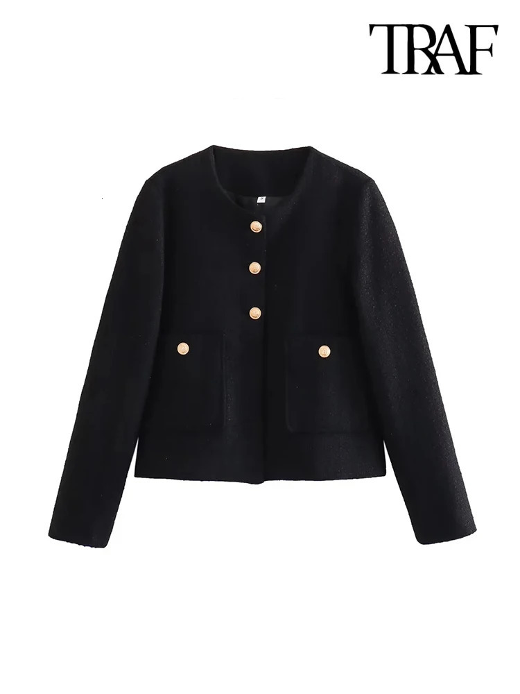 TRAF Women Fashion With Pockets Tweed Jack Coat Vintage Long Sleeve Front Button Female Outerwear Chic Tops 240112