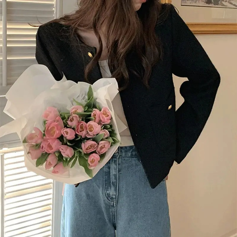 Deeptown Crop Tweed Jacket Women Korean Style Clothes Old Money Fashion Chic and Elegant Short Jackets Vintage Autumn Winter Top 240112
