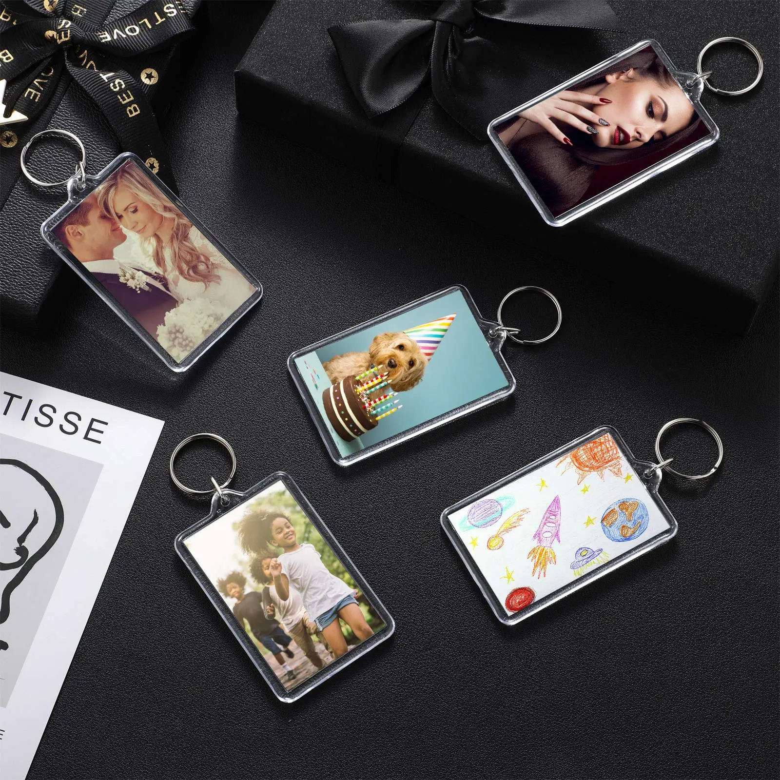 30pcs Rectangle Transparent Blank Clear Acrylic Insert Po Picture Frame Keyring Keychain DIY Split Ring Key Chain Gifts 240112