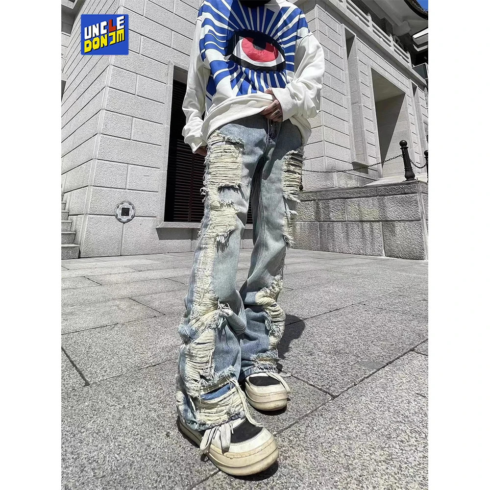 UncleDonJM Distressed Jeans For Men Y2k Clothes Streetwear Men Ripped Cargo Jeans Men Clothing Damaged Flare Jeans 240112