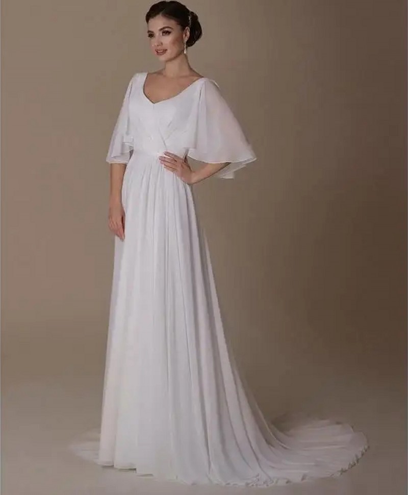 Simple Wedding Dress 2024 White Chiffon Half Sleeves Court Train V-Neck A-Line Robe De Mariee New Arrival Bridal Gown Bride