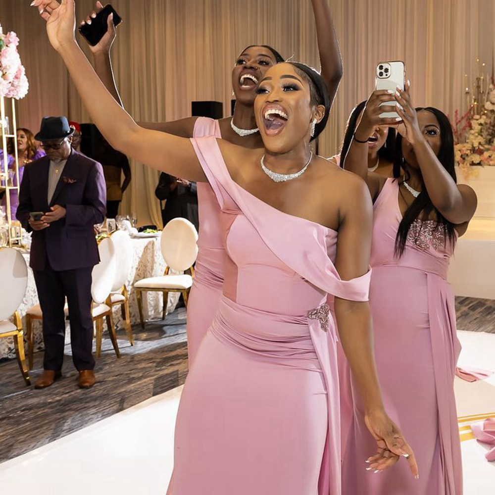 R&W Pink Bridesmaid Mermaid One Shoulder Beaded Chiffon Maid Of Honor Dresses Simple Style Elegant Wedding Guests Gowns BR020