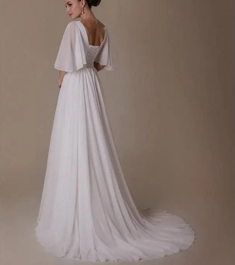 Simple Wedding Dress 2024 White Chiffon Half Sleeves Court Train V-Neck A-Line Robe De Mariee New Arrival Bridal Gown Bride