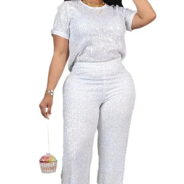 Women Casual Sequin 2 Piece Set Solid Shinny Two Piece Outfit O Neck Short Sleeve T Shirt Tops Wide Leg Pants Suit Women Sets 240113