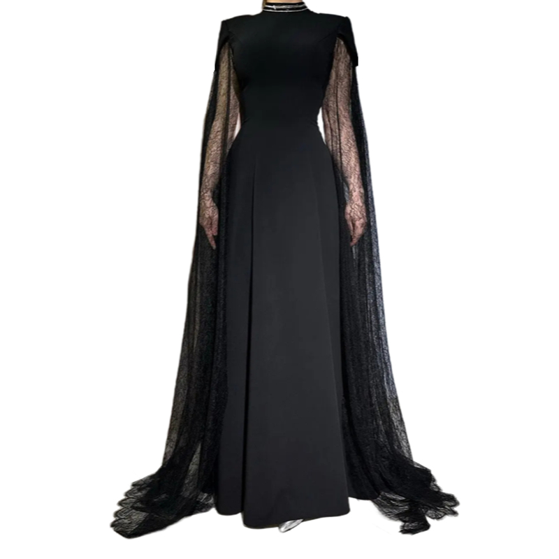 Vintage Black Neck High Evening Dresses With Lace Cape Sleeves Or Length A E Elegant Arabic Dubai Prom Dress Formal Ocn Gown For Women 2024 Rabic Rabi