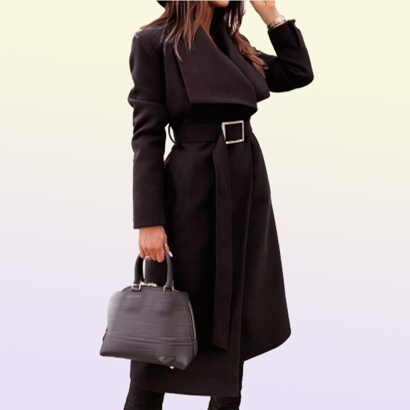 Women039s Jackets Autumn Turndown Collar Belted Woolen Overcoat Women Solid Long Sleeve Office Outerwear Coat Winter Loose War7544695