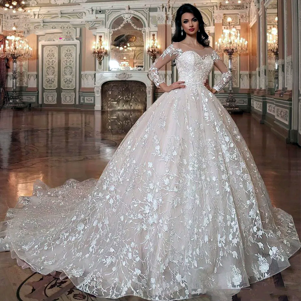 Princess Lace Ball Gown Wedding Dresses Court Train Long Sleeves Scoop Neck Elegant Romantic Bridal Gowns Customize Robe De Mariee 2024
