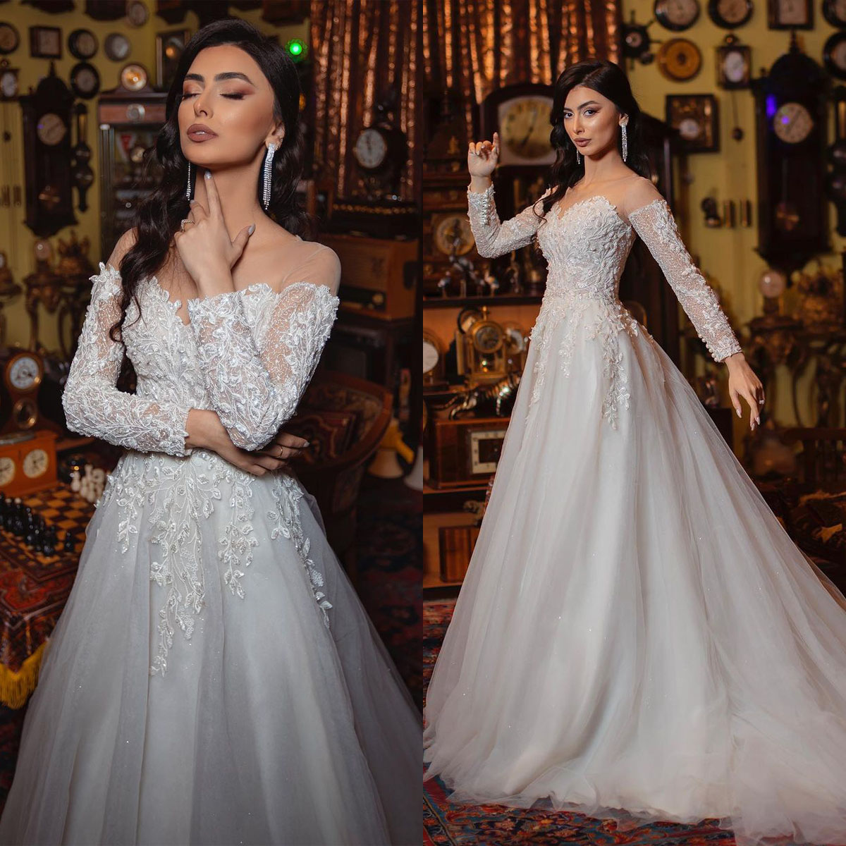 Elegant Lace A Line Wedding Dress Sweetheart Full Sleeve Bridal Gowns Court Train Applique Robe De Soiree