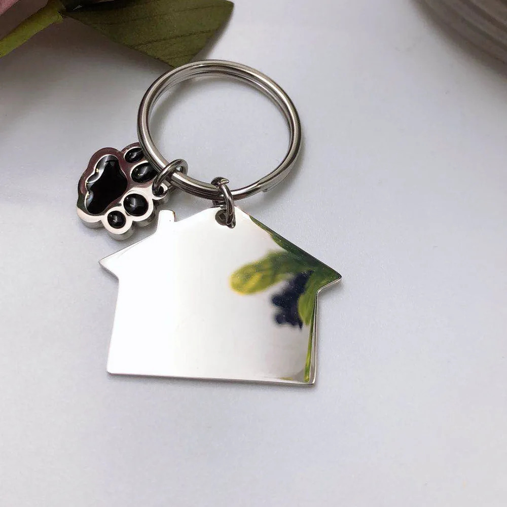 100% Stainless Steel Blank Paw Print House Heart Rectangle Dog Tag Charm Keychain Key Ring For Engrave Mirror Polished 10pcs 240112