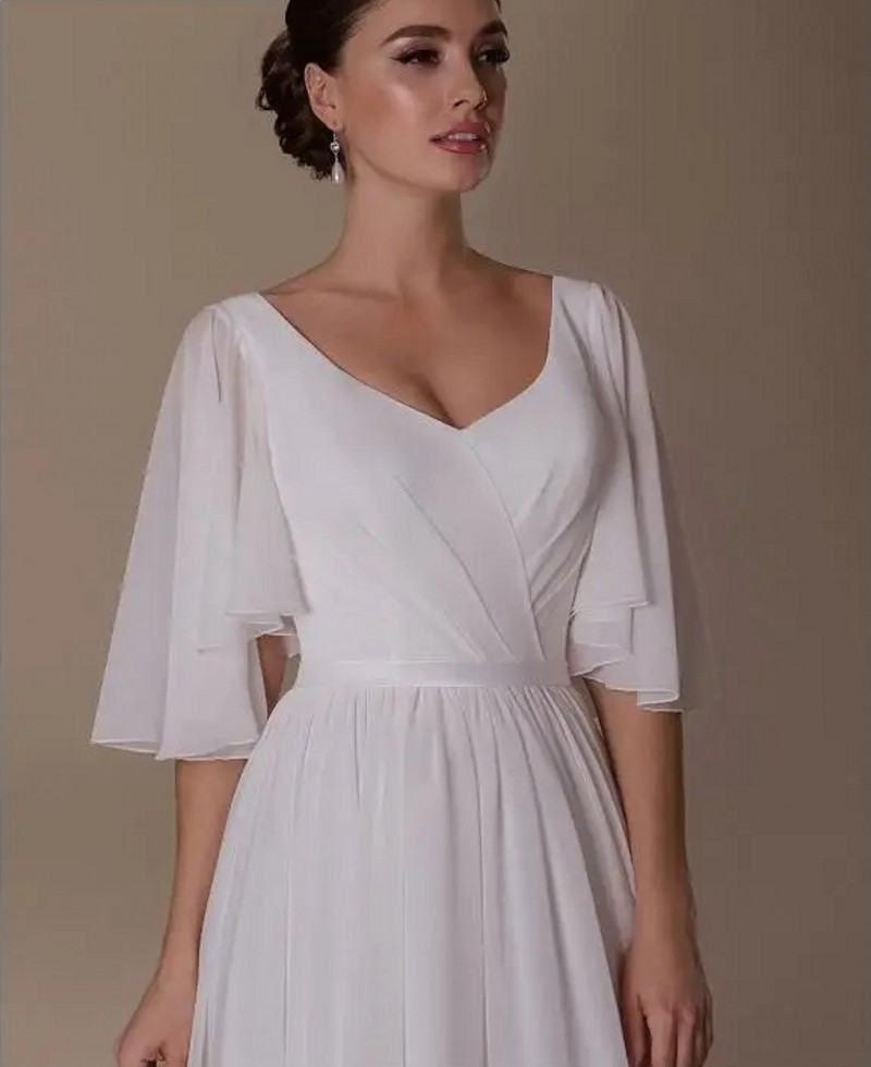 Simple Wedding Dress 2024 White Chiffon Half Sleeves Court Train V-Neck A-Line Robe De Mariee New Arrival Bridal Gown Bride