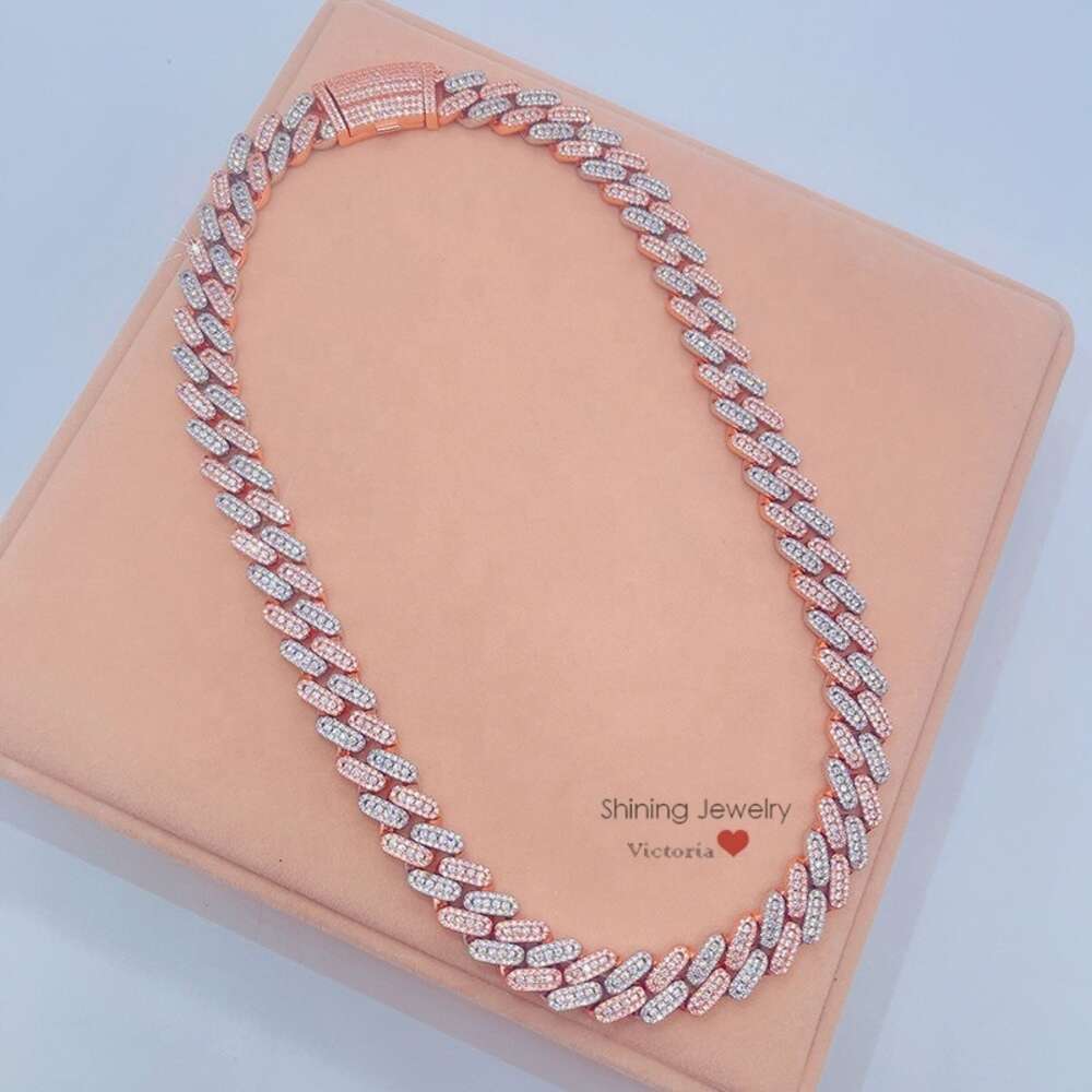 Hip Hop Rapper Jewelry Iced Out Moissanite 13mm Rose Gold 2 Tone Cuban Chain Necklace