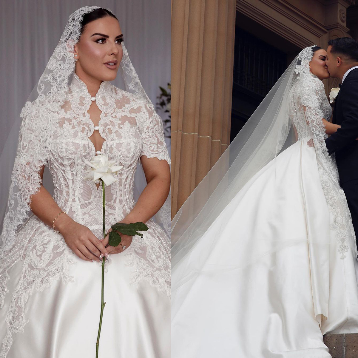 Classic Lace A-Line Wedding Dress Soft Sexy V-Neck Short Sleeve Ball Gown Plus Size Brush Train Bridal Gowns Dress Vestido De Novia Size Customized D-