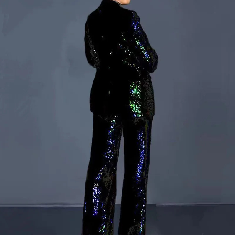 Fashion Solid Women 2 Pieces Sets Blazer Pant Suits Spring Long Sleeve Sequins Coat High Waist Wide Leg Pants Female 240112