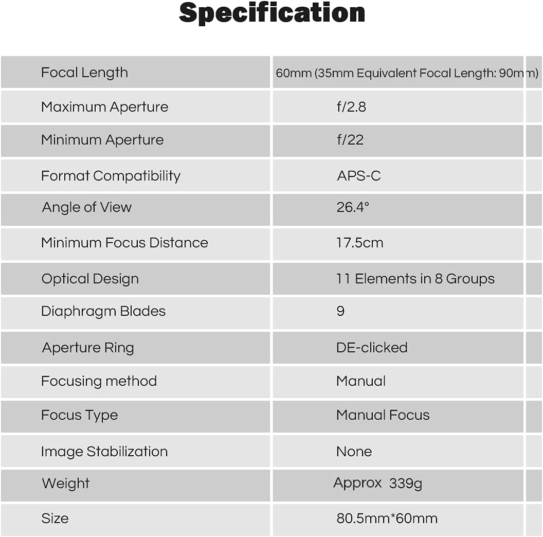 60mm F2.8 II Camera Macro Lens Manual Focus APS-C for Canon Sony Nikon M4/3 Olympus Fuji X-A1 X-A10 X-A2 X-A3 X-M1 XM2 X-Pro1 X-Pro2 X-E1 X-E2 E-E2s X