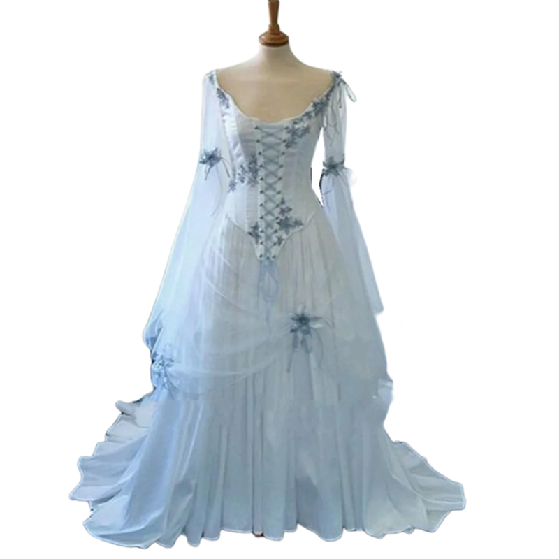 Vintage Medieval Cletic A Line Wedding Dresses Flare Long Sleeves Corset Fantsy White Victorian Bridal Gowns Lace Appliques Court Train