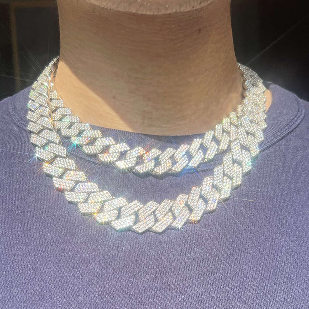 Fashion Design 15mm 18mm Wide 3rows Moissanite Diamond Silver Cuban Link Necklace/bracelet Chain for Rapper Hiphop Jewelry