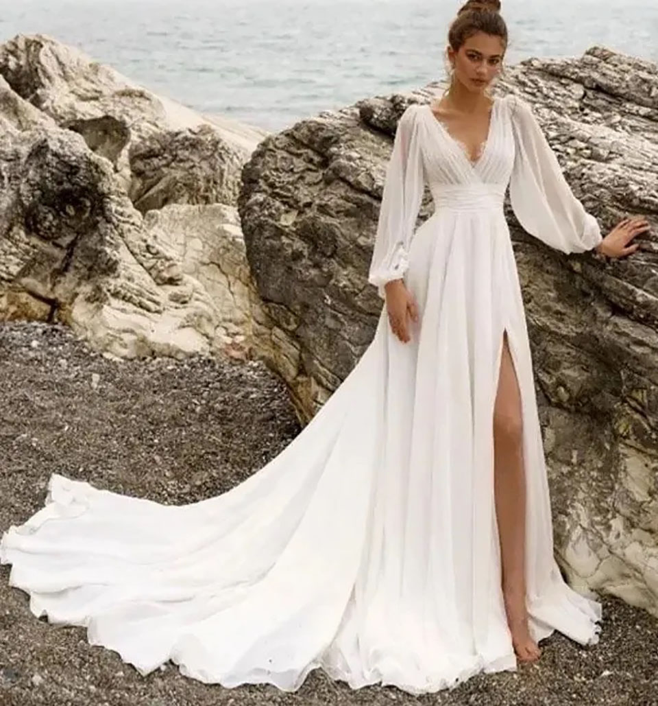 Romantic Ivory V Neck Long Sleeve Chiffon Wedding Dress Elegant A e Bridal Gown with Custom Fit and Stunning Split Detail
