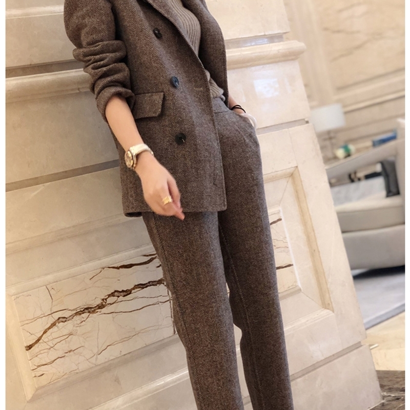 Women Woolen Blazer and Pantsuits Chic Elegant Korean Fashion Trousers Outfits Autumn Female Suit Jacket 2 Piece y240112