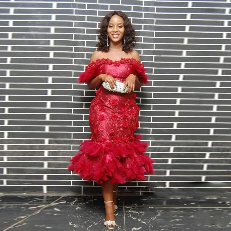 Sexy Red Tea Length Mermaid Prom Dresses 3D Floral Appliques Off The Shoulder Aso Ebi Lace Evening Dress Women Chic Feather Cocktail Party Special Occ