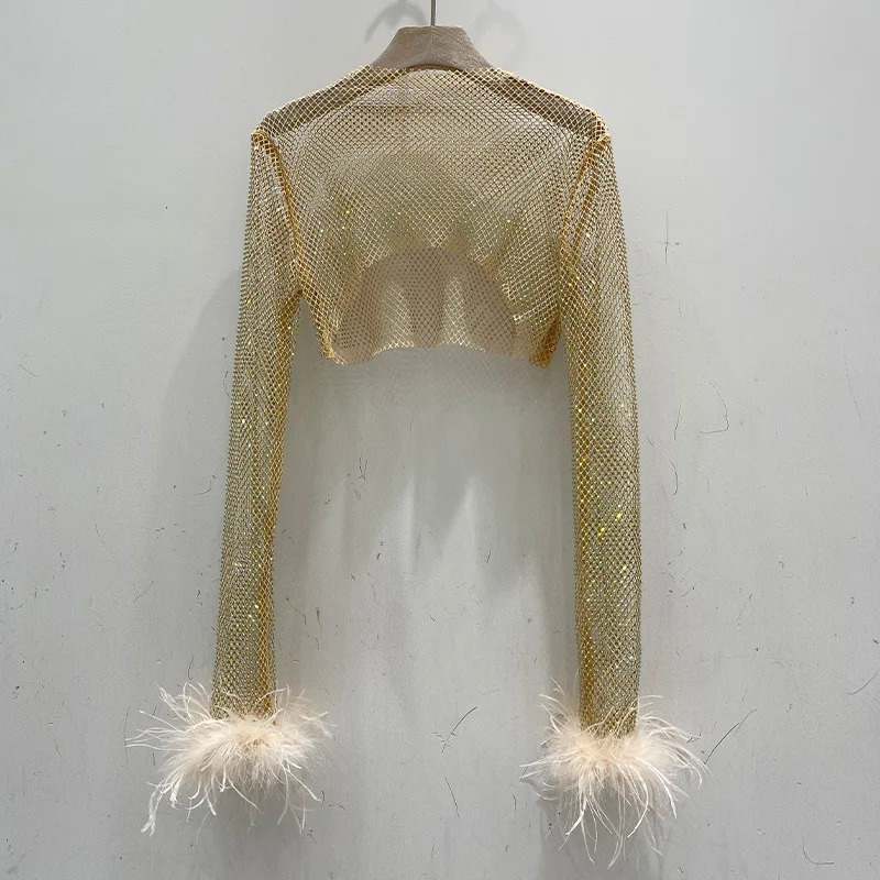 Glitter Rhinestone Women's T-Shirt Long Sleeve Feather Fur Fishnet Hollow Out Festival Rave Party Sexy Clubwear Crop Tops Tee 240112
