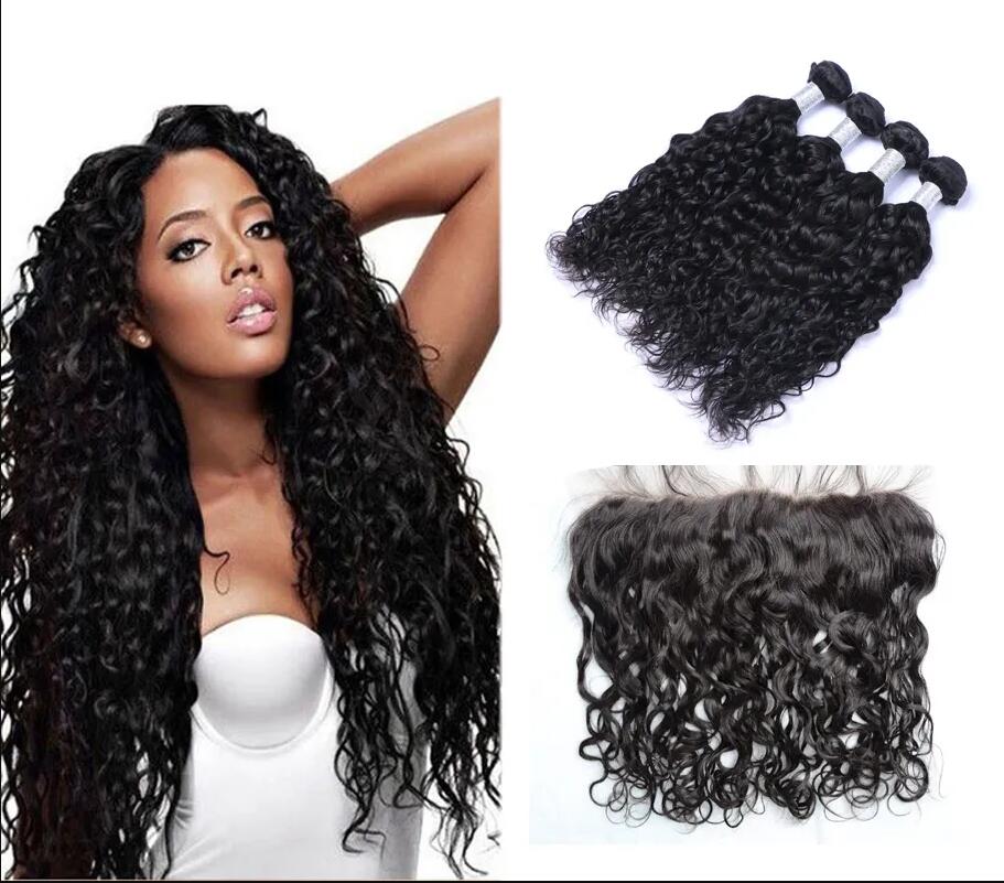 Brazilian Water Wave Human Virgin Hair 3 Bundles With 13X4 Transparent Lace Frontal To Ear Full Head Natural Color