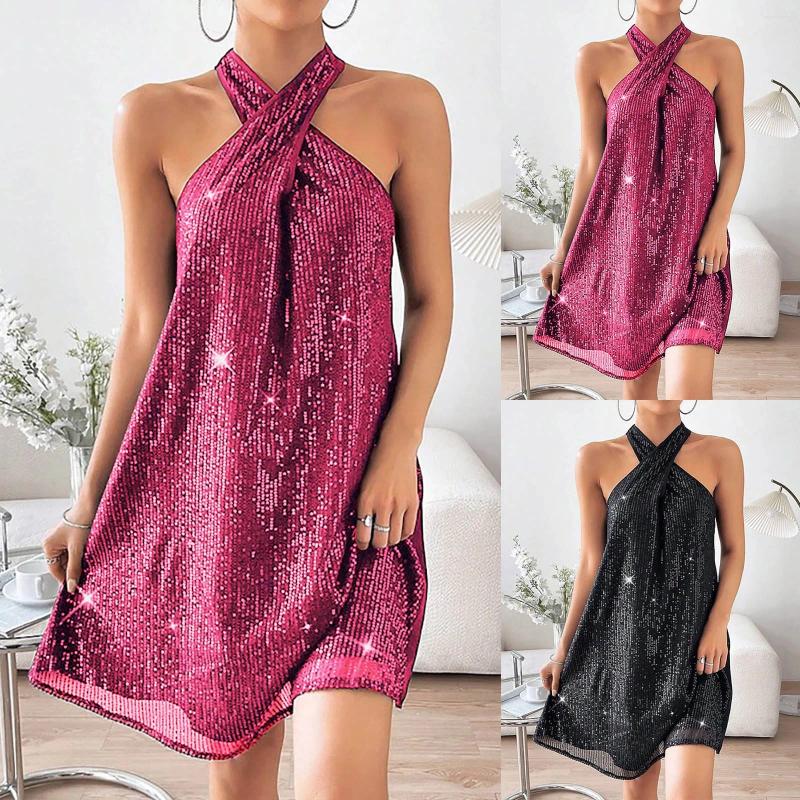 Casual Dresses Women Halter Sequin Loose Sleeveless Dress Fashion A Line Vintage Off Shoulder Solid Color