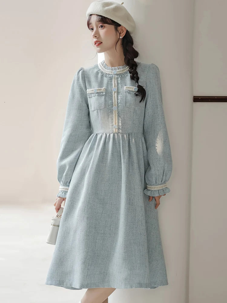 Autumn Winter Blue Tweed Long Sleeve Chic Ruffled Collar Dress Women Elegant Casual Home Dress Korean Fashion Bodycon Dress 240112
