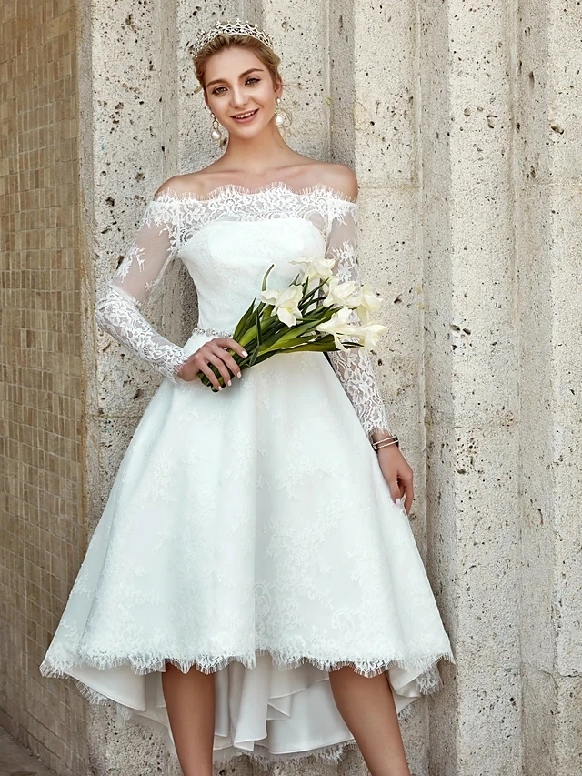 High Low Crystal Sash Bride Wedding Dress 2024 Off the Shoulder Lace Bridal Gowns Summer Boho Vestidos Noiva Robe De Mariee