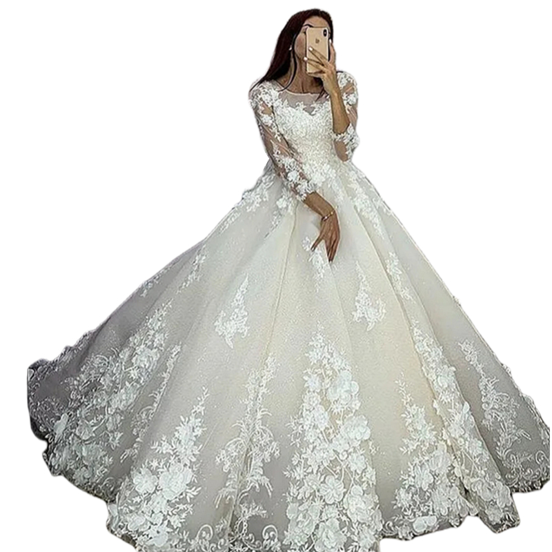 Luxury Wedding Dress 3D Floral Appliques Long Sleeves Princess Bridal Gowns Scoop Neck Glitter Tulle Ivory Lace Bride Dresses 2024