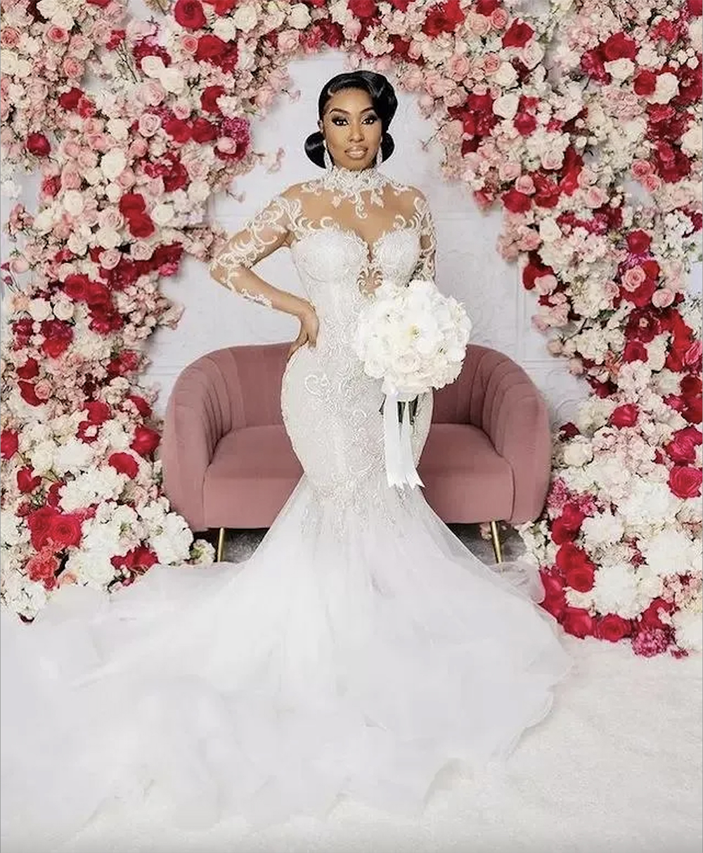 New Year's Modest Mermaid Wedding Dresses Long Sleeves Bridal Gown Beaded Crystals High Neck Lace Applique Sweep Train Custom Made African Plus S