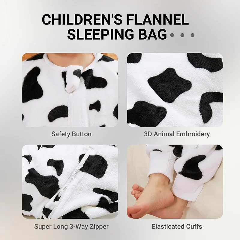MICHLEY Cute Cow Flannel Baby Kids Sleeping Bag Winter Long Sleeve Wearable Blanket Warm Sleepsack Pajamas For Boys Girls 1-6T 240112