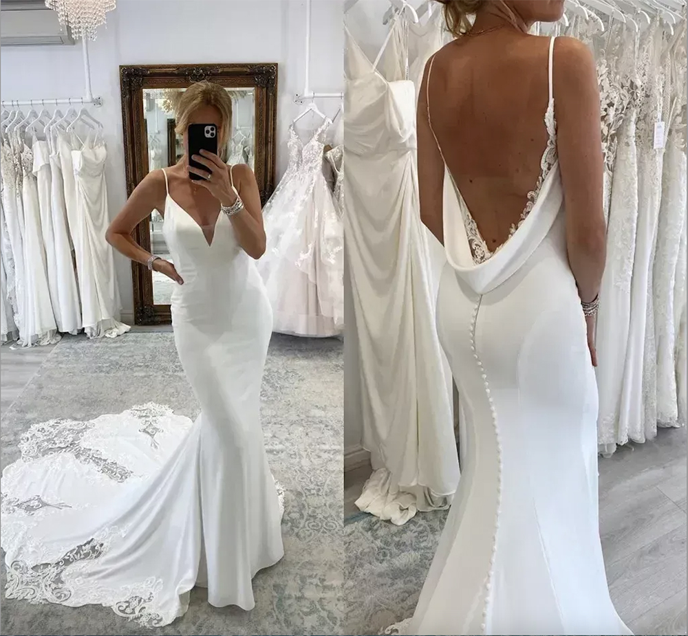 Sexy Backless Mermaid Wedding Spaghetti Straps Lace Appliques Button Covered Open Back Long Bridal Gowns Dresses Custom Made 2024 0707