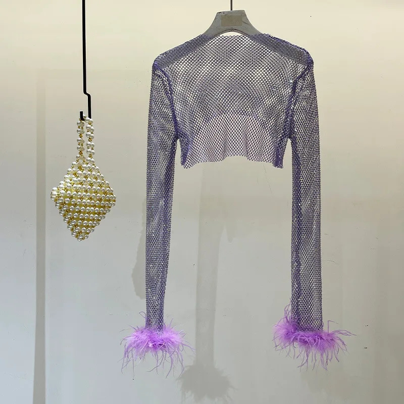 Glitter Rhinestone Women's T-Shirt Long Sleeve Feather Fur Fishnet Hollow Out Festival Rave Party Sexy Clubwear Crop Tops Tee 240112