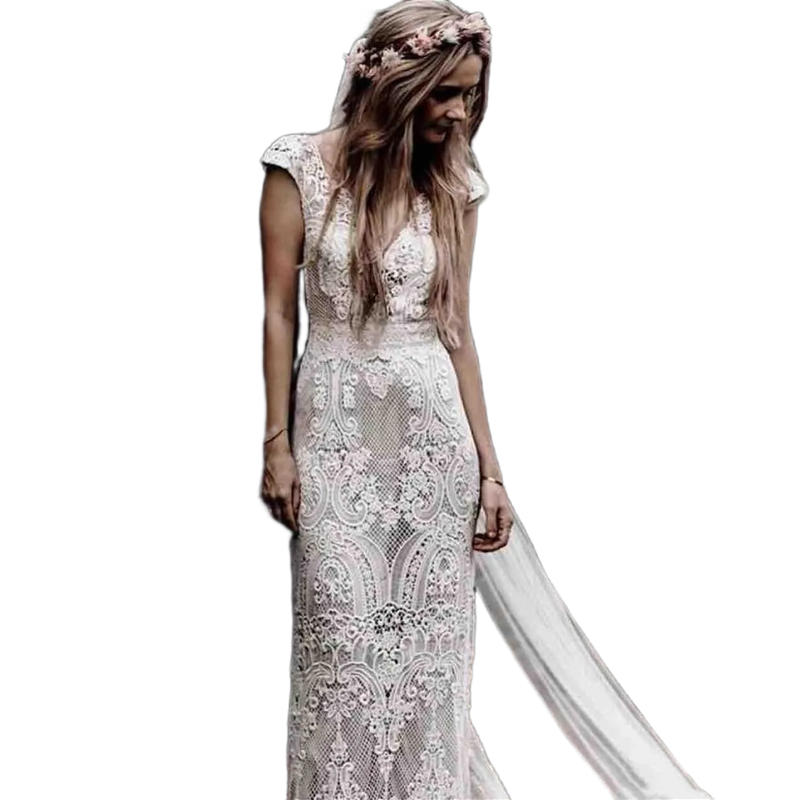 Vintage Hippie Lace Mermaid Wedding Dresses Short Sleeves Court Train V-Neck Bohemian Bridal Gowns Elegant Country Vestido De Novia 2024 Summer
