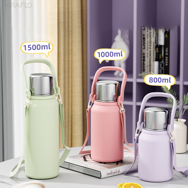 Wholesale New 800ml 1000ml 1500ml Stainless Steel Vacuum Insulated Bulk Water Bottle large capacity sport Flask Thermal Thermos with Handle Strap