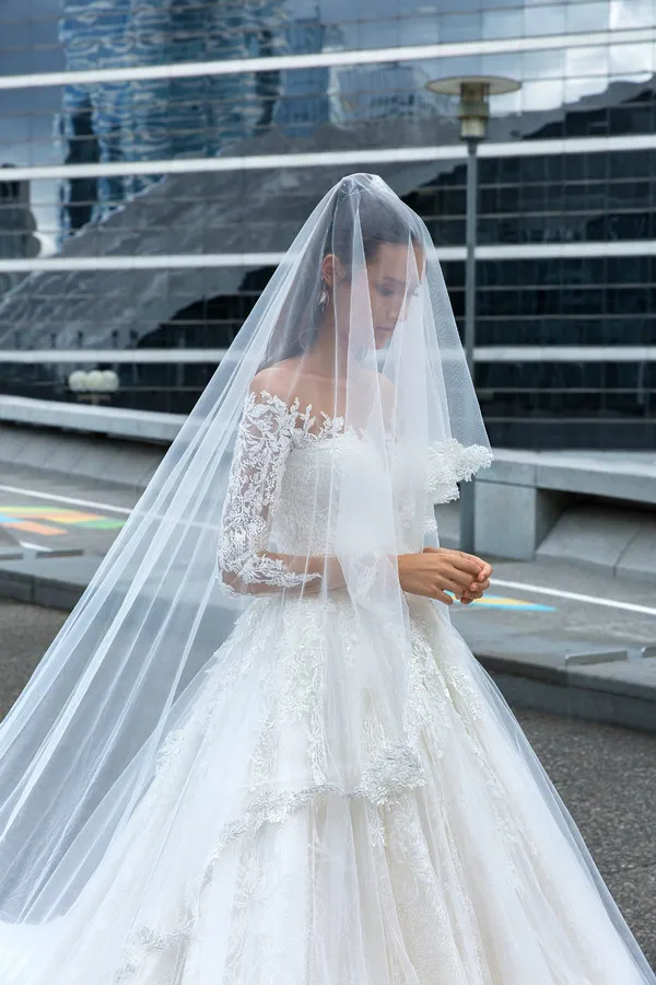 Long Train Church A Line Wedding Dresses For bride Long Sleeves Lace Appliques Sheer Neck Elegant Ivory Tulle Bridal Gowns 2024 Spring Robe De Mariee