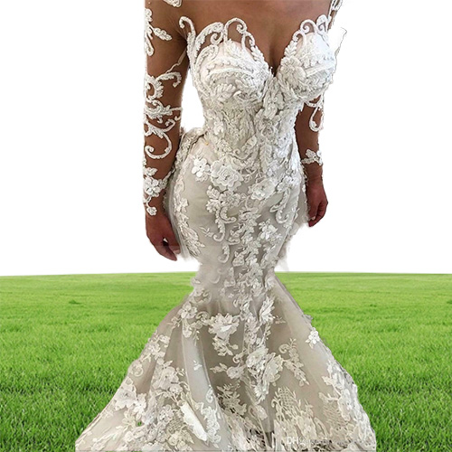 Vintage 3D Flowers Mermaid Wedding Dresses With Detachable Train Luxury Long Sleeves Lace Appliques Plus Size Plus Size Afric