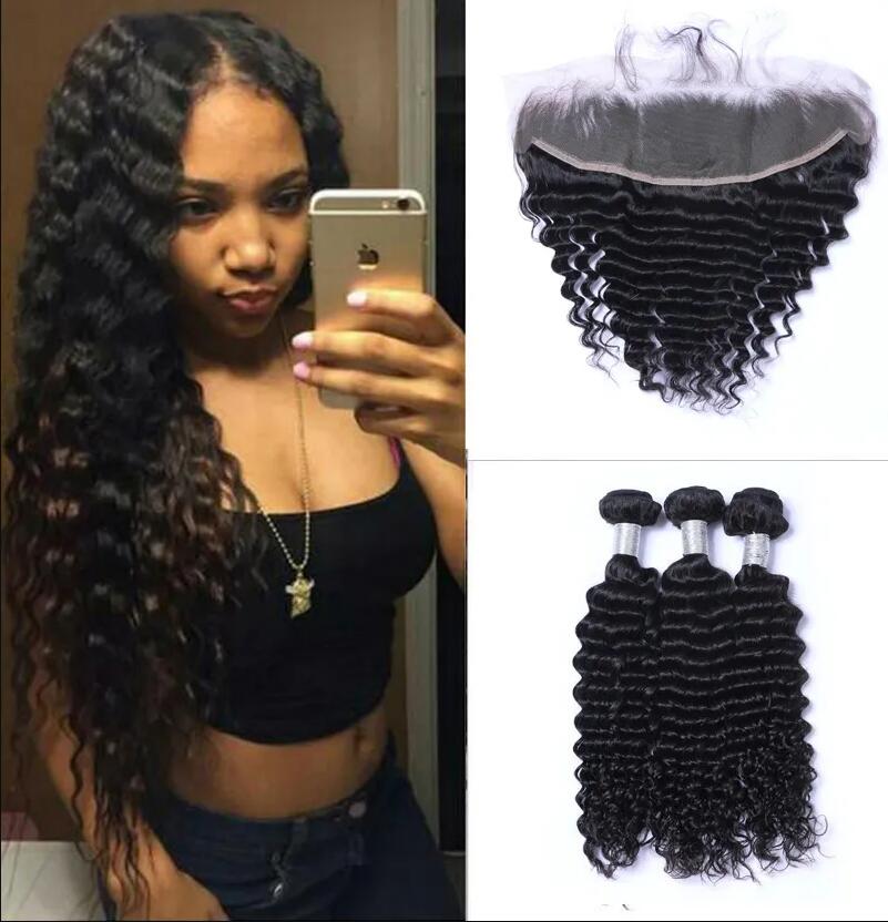 Brazilian Deep Wave Human Virgin Hair 3 Bundles With 13X4 Transparent Lace Frontal To Ear Full Head Natural Color