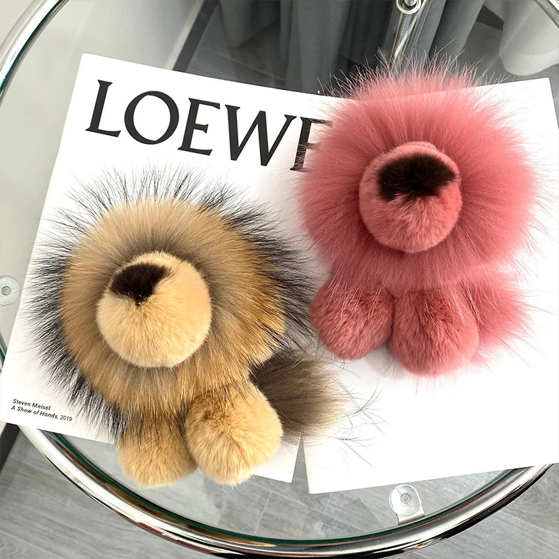 Animal Plush Keychain, Fluffy Keychain: Real Rex Rabbit Fur Simba Lion Bag Charm, Car Key Ring Ornaments, Kids Birthday Gift TUES